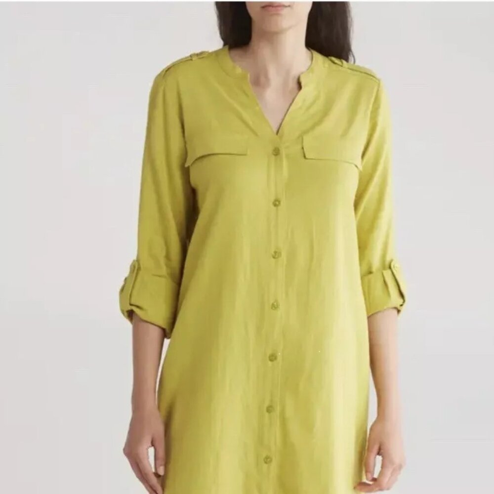Calvin Klein Linen Lagenlook Long Roll Tab Sleeve Button Shirt Dress Celery